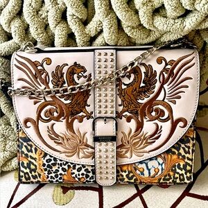 Guess Embroidered Eileen Baroque Flap Crossbody Bag Gold White Multi